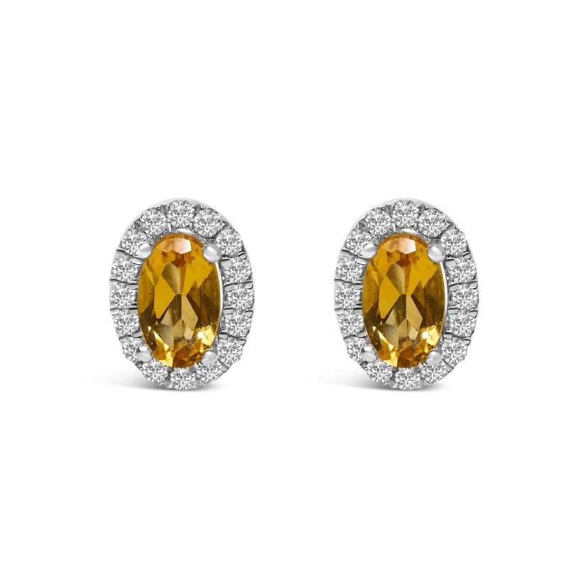 10K White Gold 5x3 MM Oval Yellow Citrine and Diamond Halo Stud Earrings