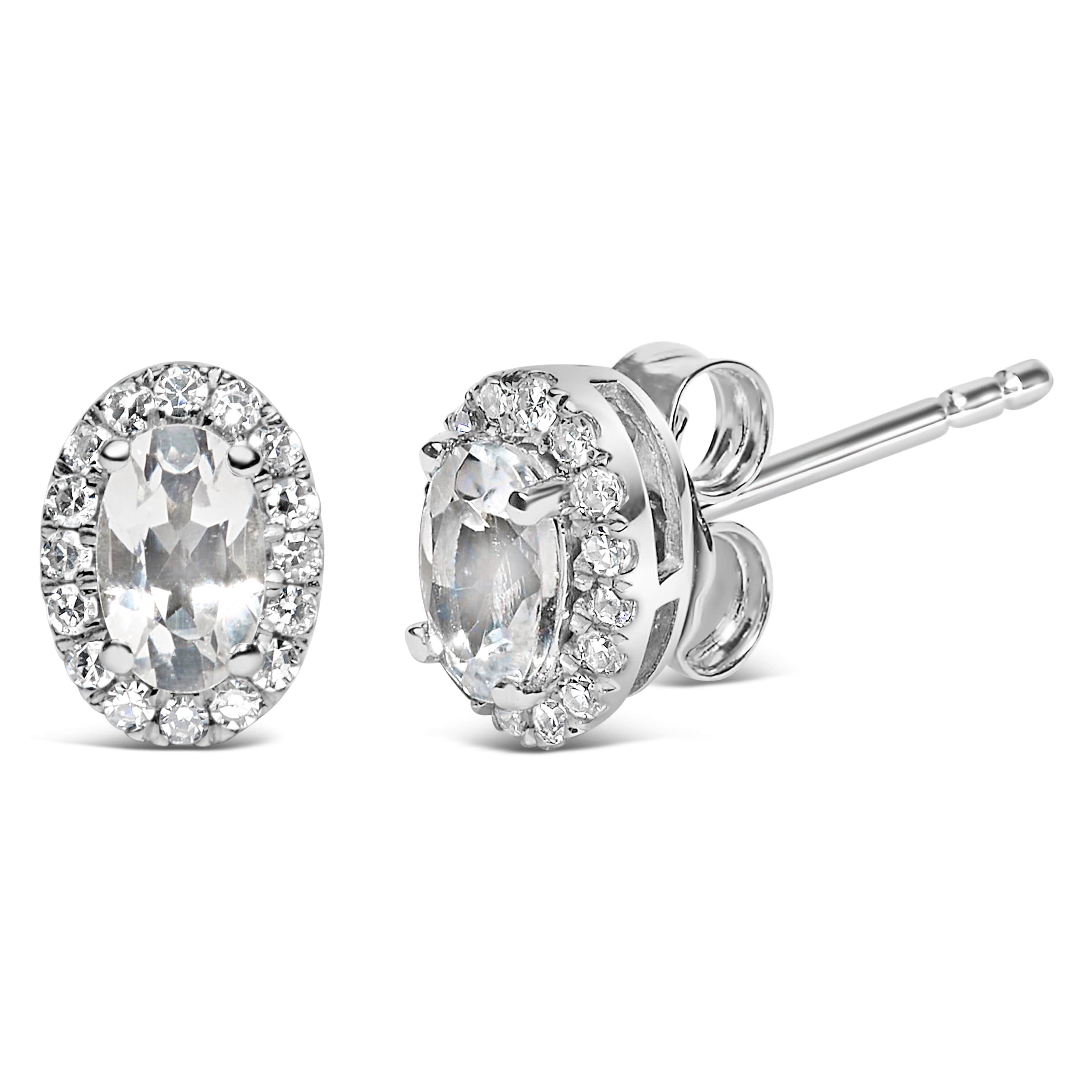 10K White Gold 5x3 MM Oval White Topaz and Diamond Halo Stud Earrings