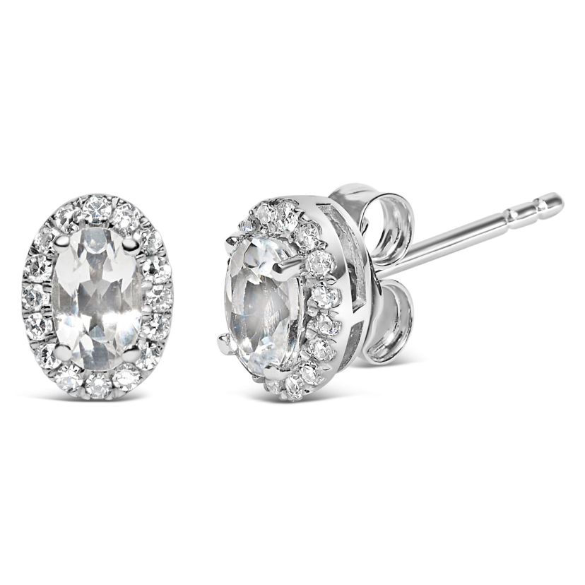 10K White Gold 5x3 MM Oval White Topaz and Diamond Halo Stud Earrings