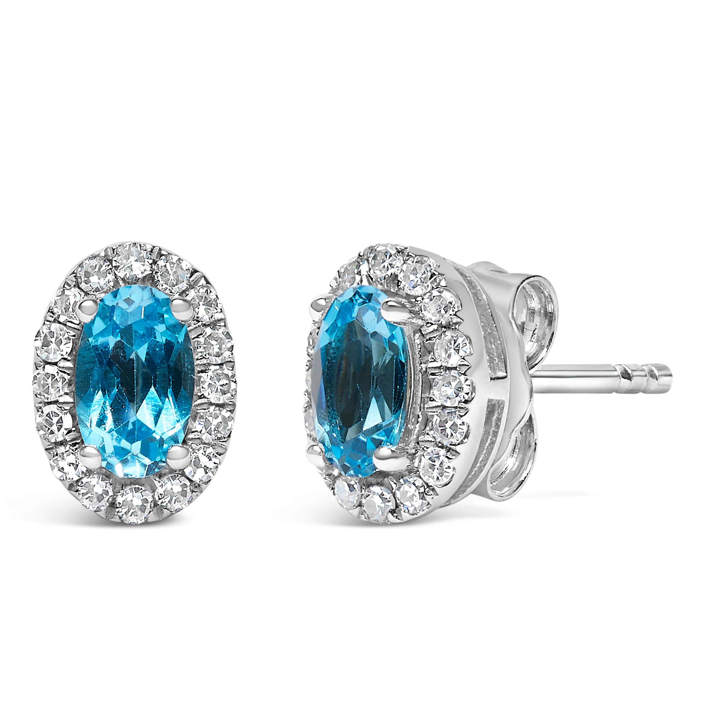 10K White Gold 5x3 MM Oval Blue Topaz and Diamond Halo Stud Earrings
