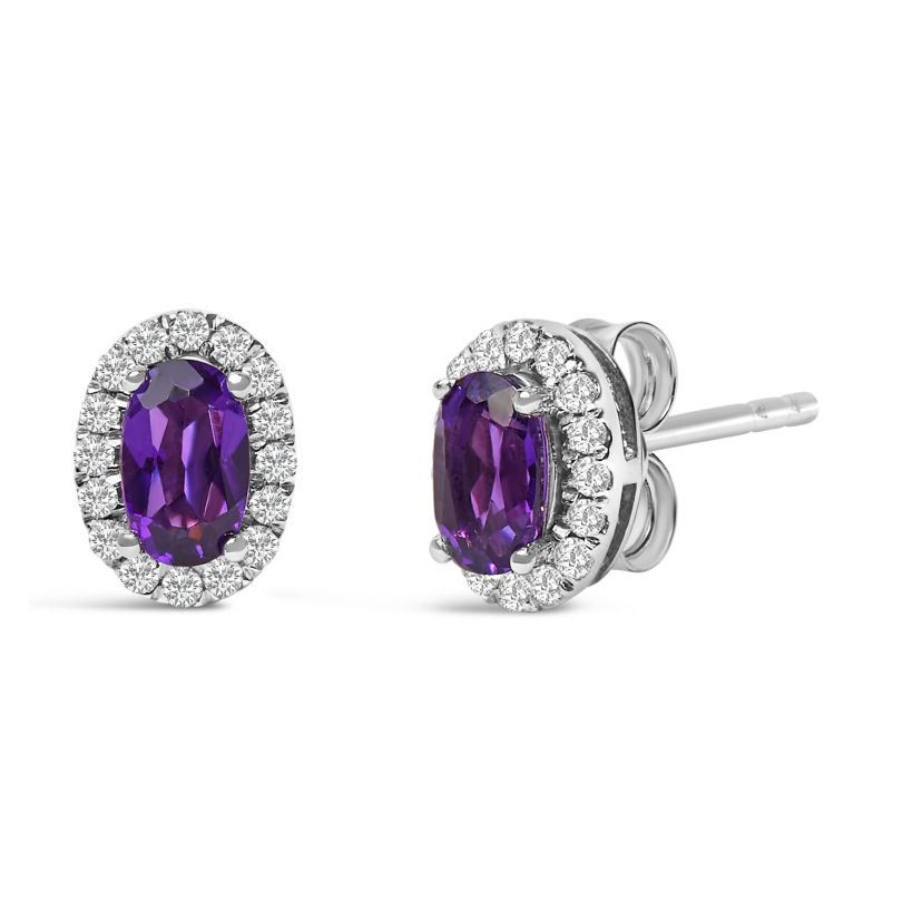 10K White Gold 5x3 MM Oval Purple Amethyst and Diamond Halo Stud Earrings