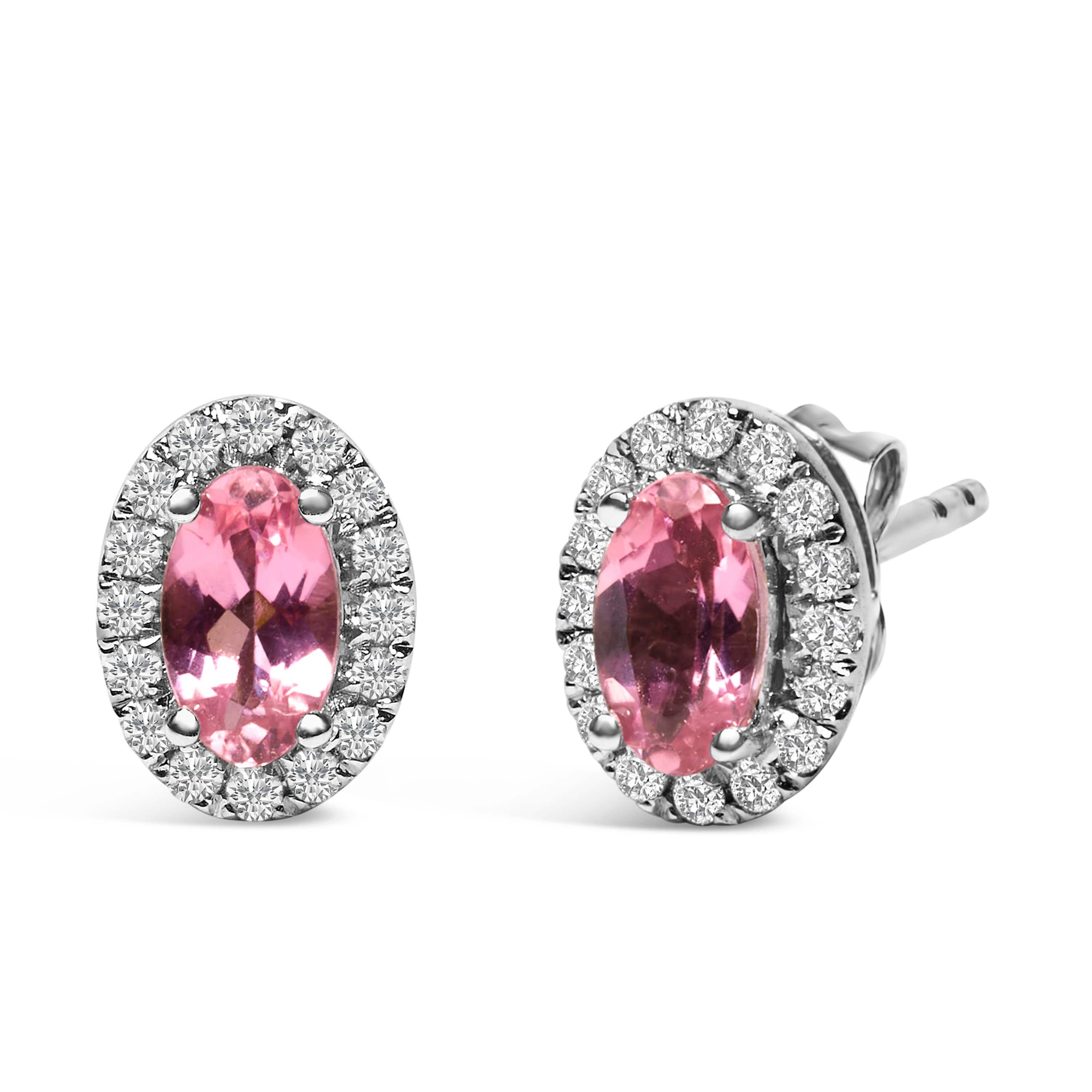 10K White Gold 5x3 MM Oval Pink Tourmaline and Diamond Halo Stud Earrings