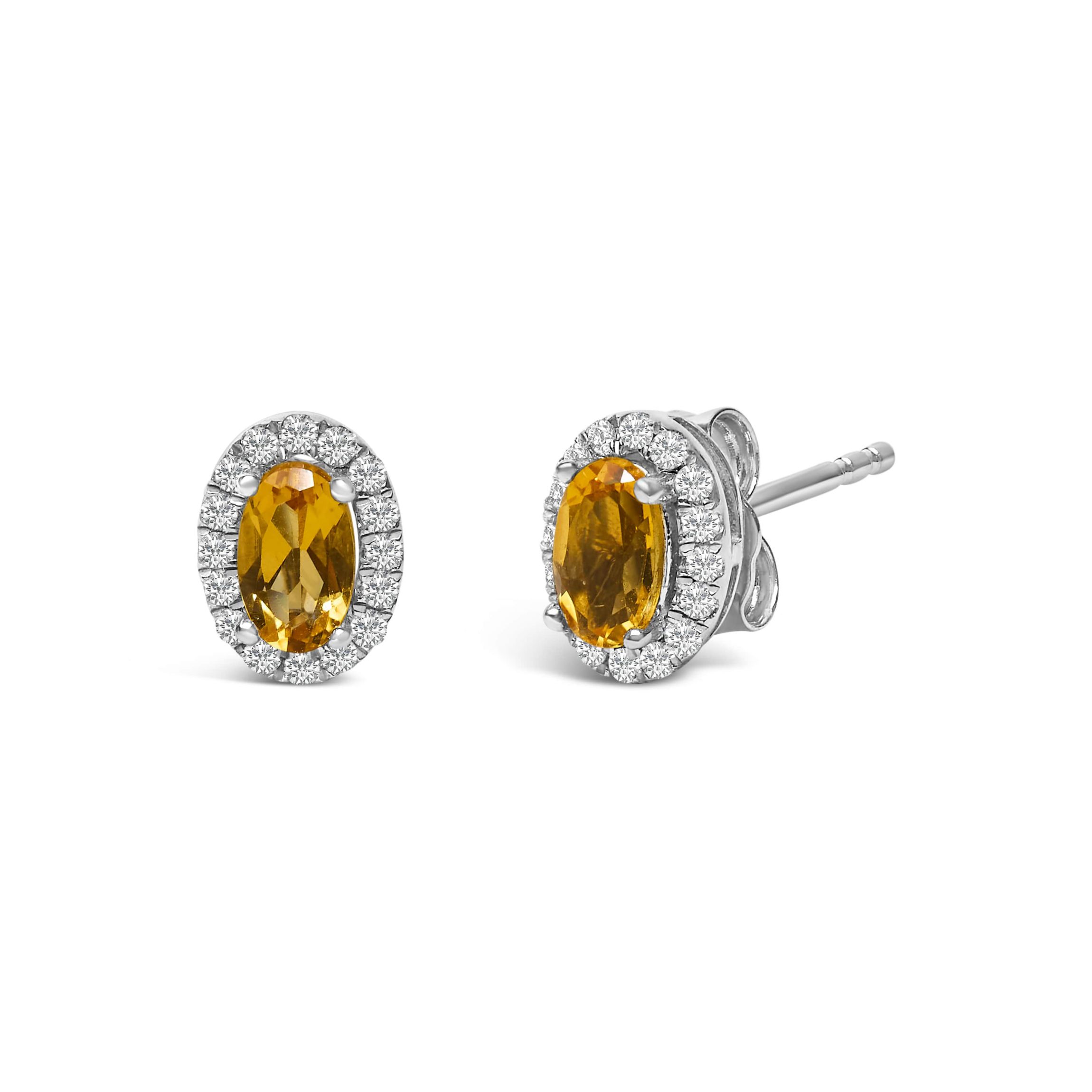 10K White Gold 5x3 MM Oval Yellow Citrine and Diamond Halo Stud Earrings