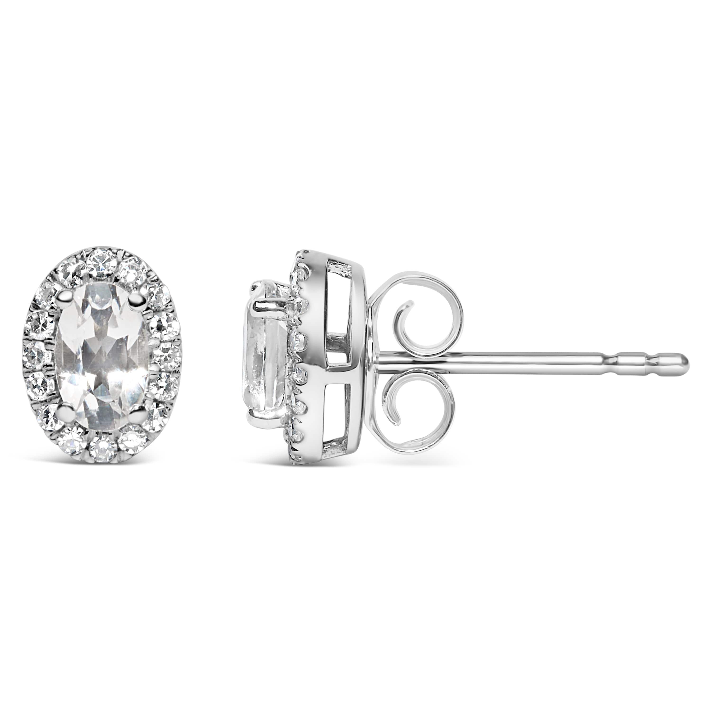 10K White Gold 5x3 MM Oval White Topaz and Diamond Halo Stud Earrings