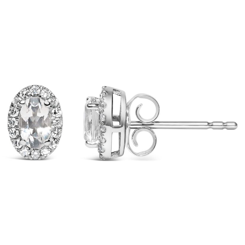 10K White Gold 5x3 MM Oval White Topaz and Diamond Halo Stud Earrings