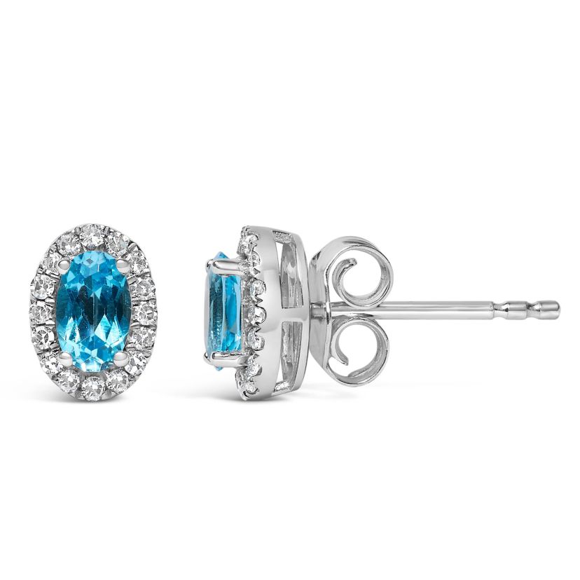 10K White Gold 5x3 MM Oval Blue Topaz and Diamond Halo Stud Earrings