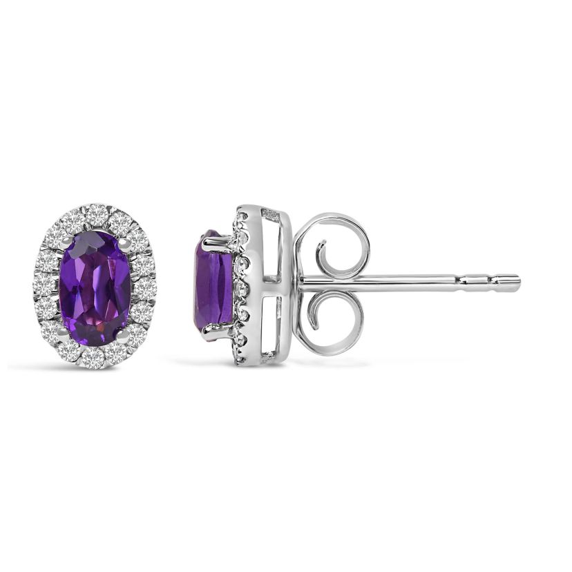 10K White Gold 5x3 MM Oval Purple Amethyst and Diamond Halo Stud Earrings