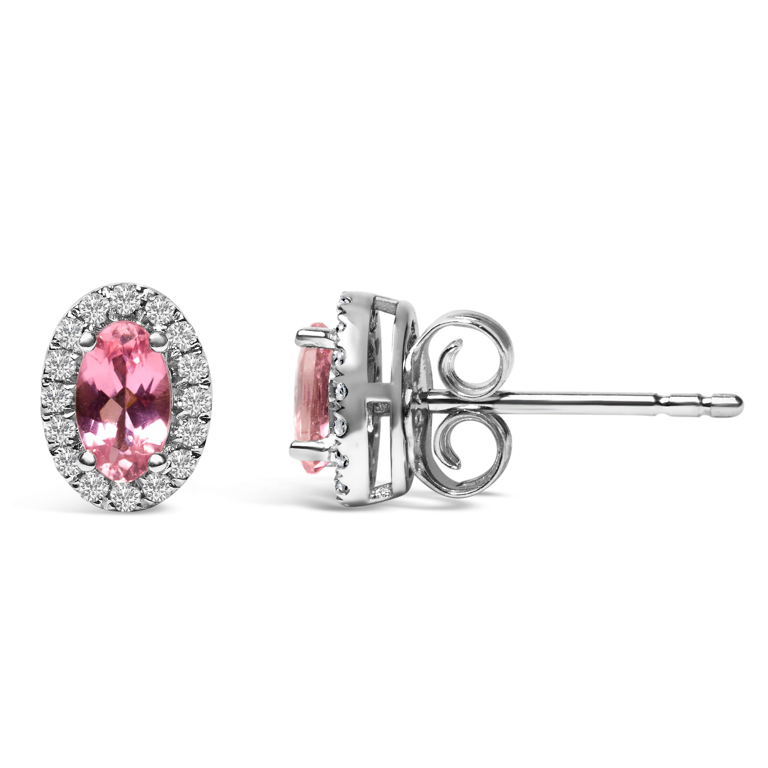 10K White Gold 5x3 MM Oval Pink Tourmaline and Diamond Halo Stud Earrings