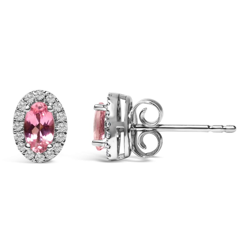 10K White Gold 5x3 MM Oval Pink Tourmaline and Diamond Halo Stud Earrings