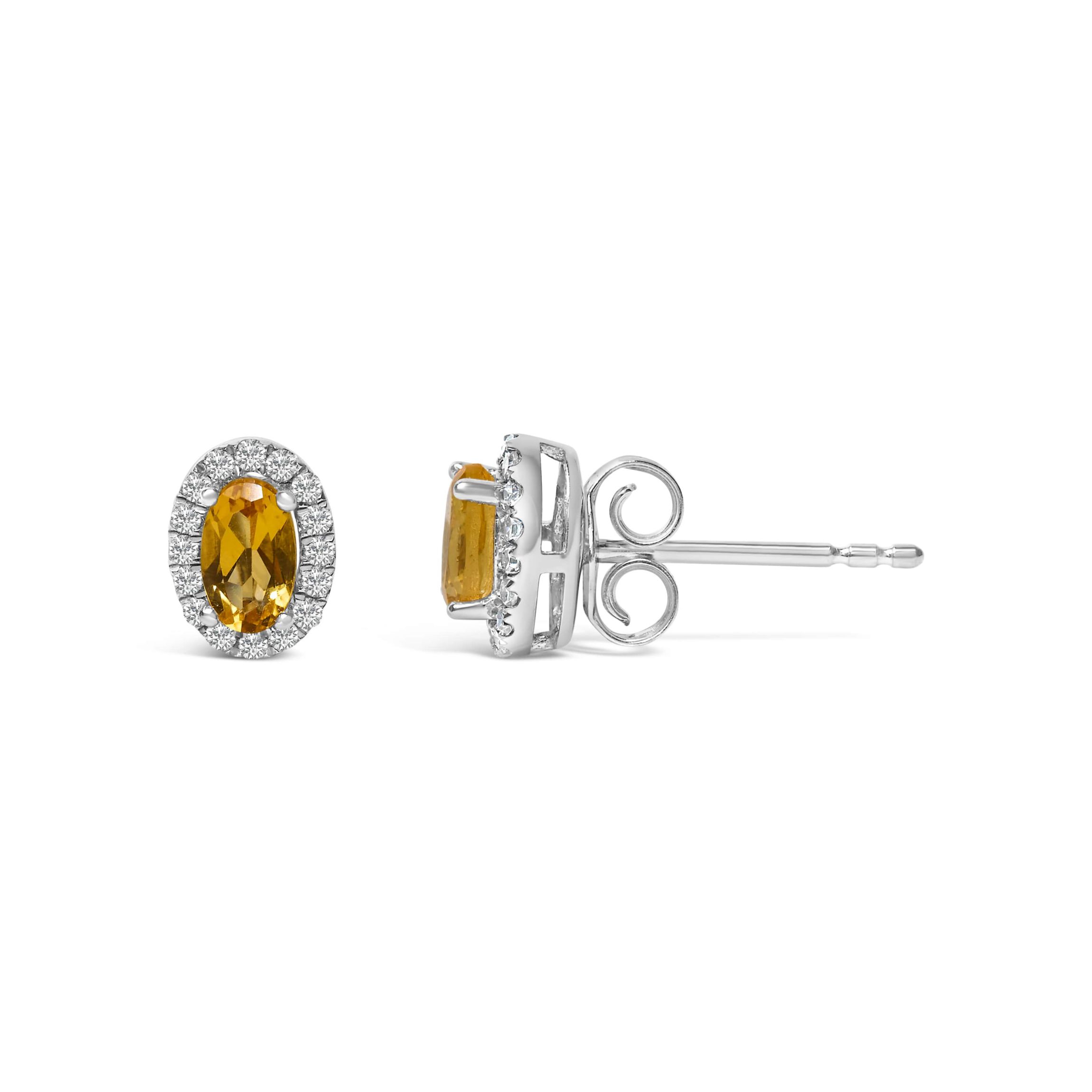 10K White Gold 5x3 MM Oval Yellow Citrine and Diamond Halo Stud Earrings