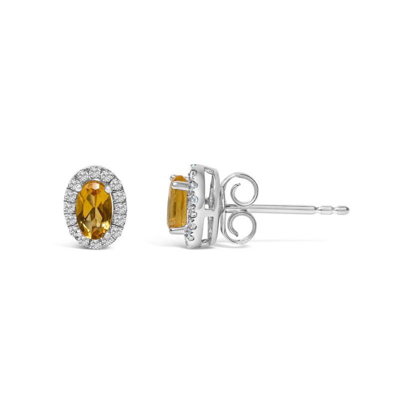 10K White Gold 5x3 MM Oval Yellow Citrine and Diamond Halo Stud Earrings