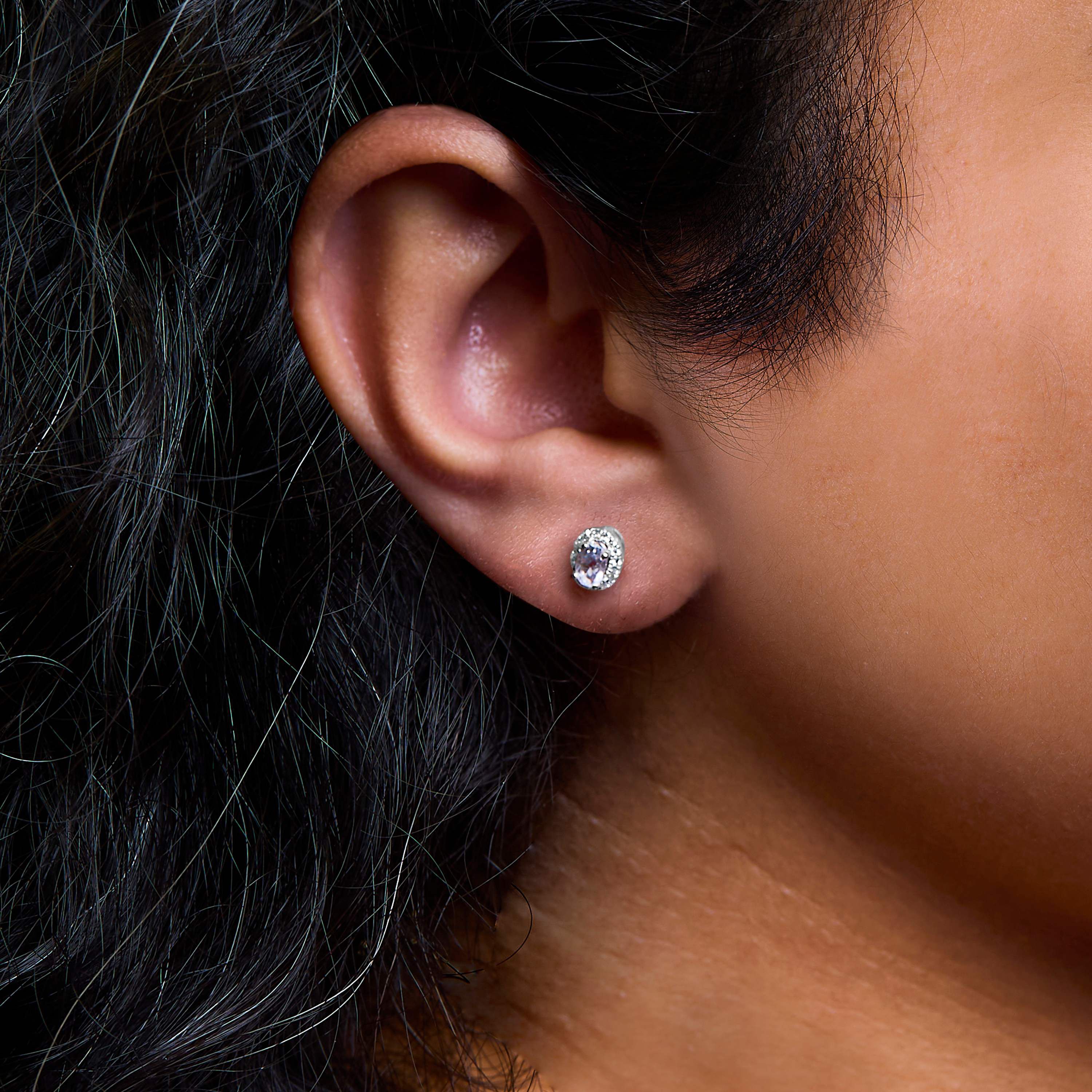 10K White Gold 5x3 MM Oval White Topaz and Diamond Halo Stud Earrings
