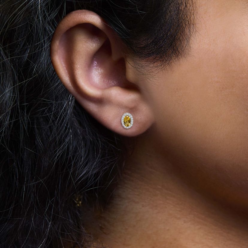 10K White Gold 5x3 MM Oval Yellow Citrine and Diamond Halo Stud Earrings