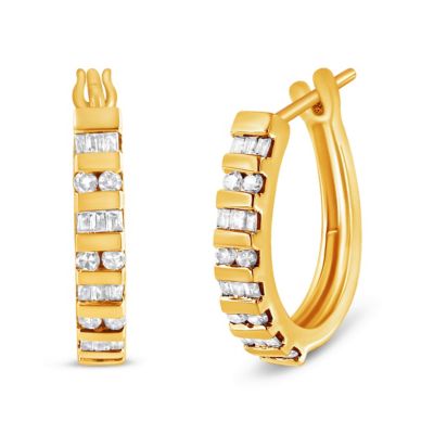 Haus of Brilliance 10K Gold Round and Baguette-Cut Diamond Hoop Earrings, Yellow
