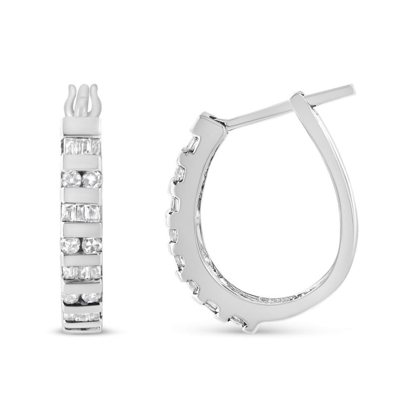 10K Gold Round and Baguette-Cut Diamond Hoop Earrings