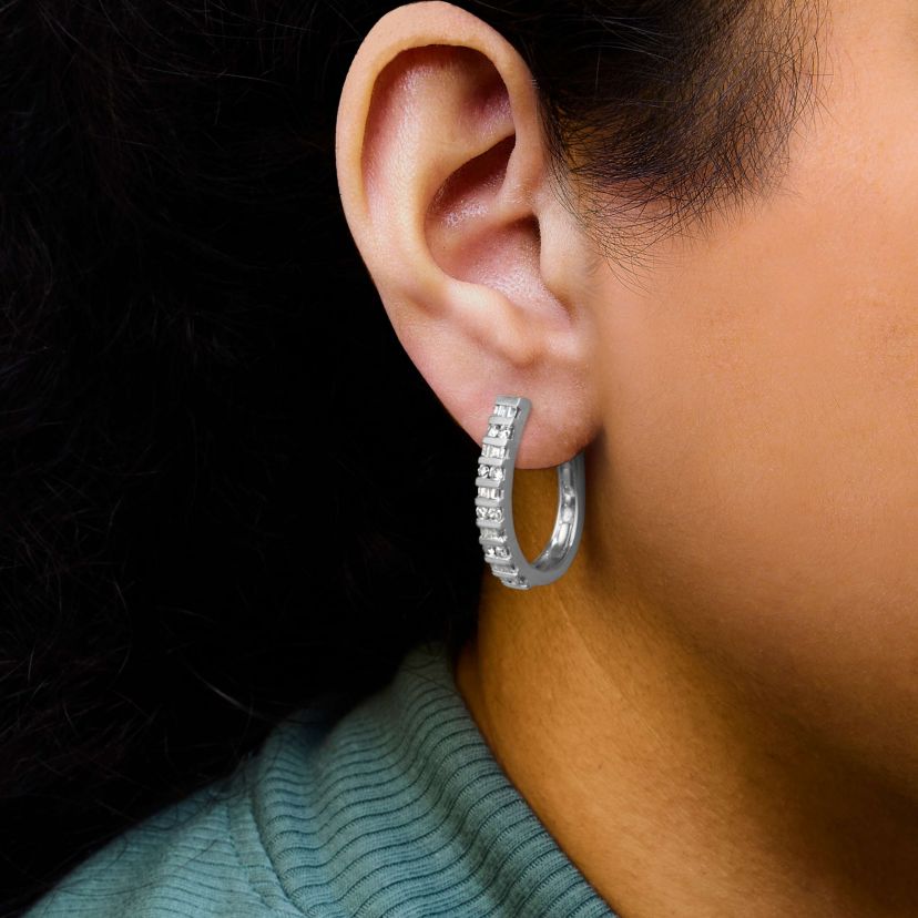 10K Gold Round and Baguette-Cut Diamond Hoop Earrings