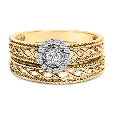 Haus of Brilliance 14K Yellow Gold Plated Silver 1/5 Cttw Diamond Halo Bridal Set