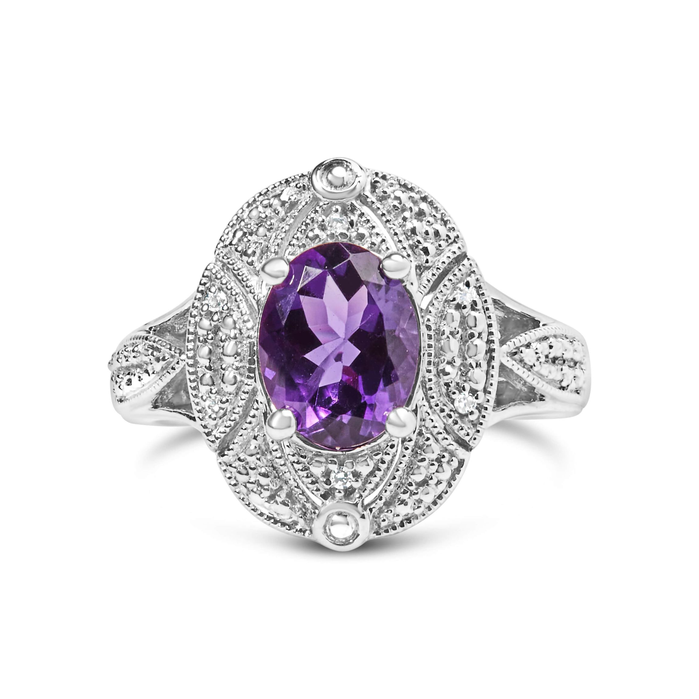 .925 Sterling Silver 9x7mm Oval Purple Amethyst and Diamond Cocktail Ring