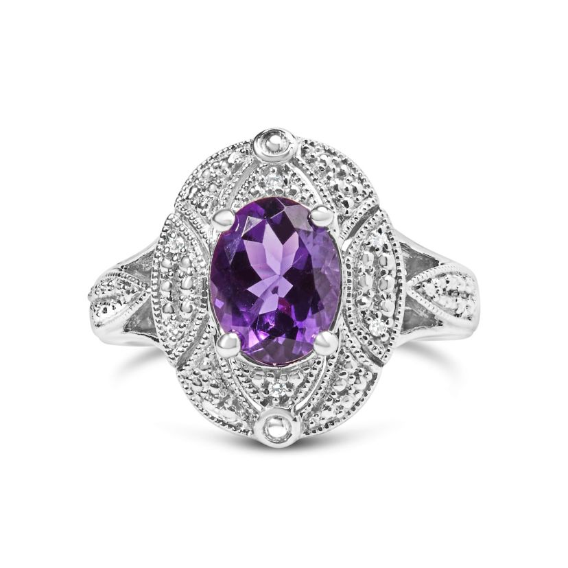 .925 Sterling Silver 9x7mm Oval Purple Amethyst and Diamond Cocktail Ring