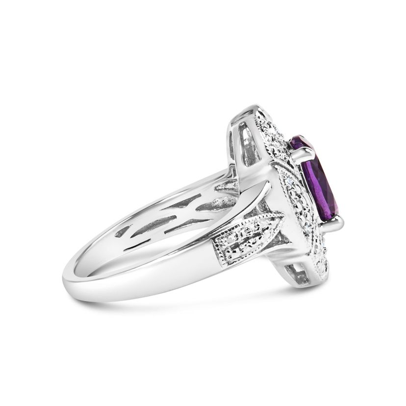 .925 Sterling Silver 9x7mm Oval Purple Amethyst and Diamond Cocktail Ring