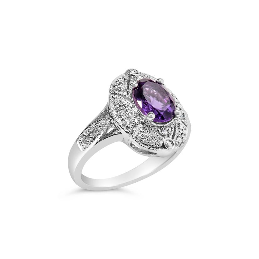 .925 Sterling Silver 9x7mm Oval Purple Amethyst and Diamond Cocktail Ring
