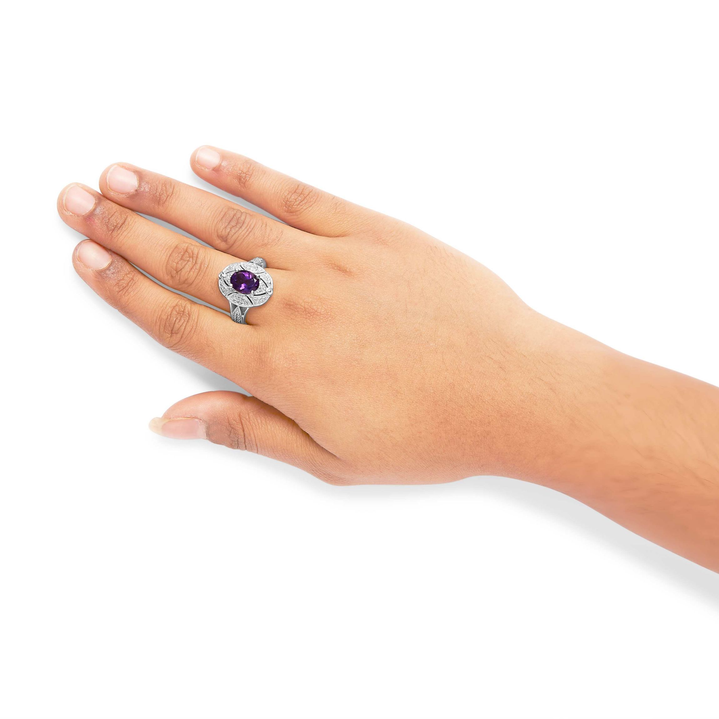 .925 Sterling Silver 9x7mm Oval Purple Amethyst and Diamond Cocktail Ring