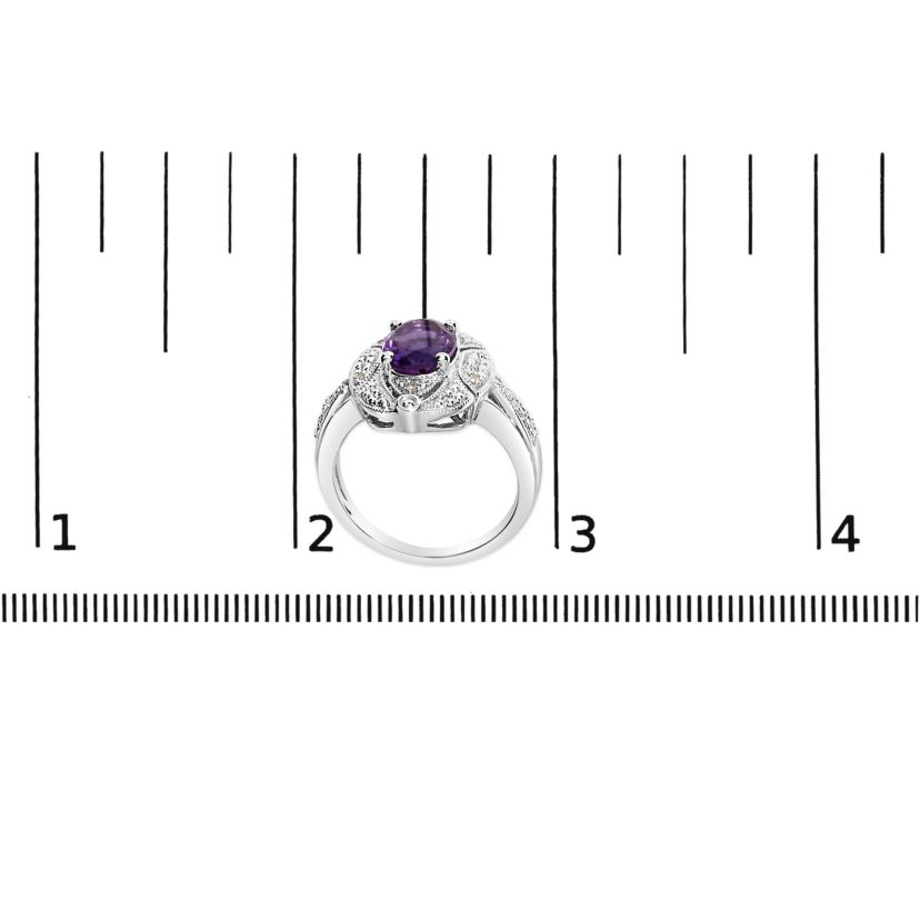 .925 Sterling Silver 9x7mm Oval Purple Amethyst and Diamond Cocktail Ring