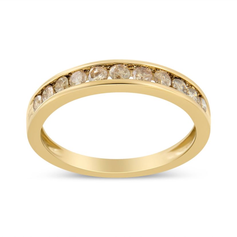 14K Yellow Gold Plated Silver 1/2 Cttw Champagne Diamond 11 Stone Band Ring