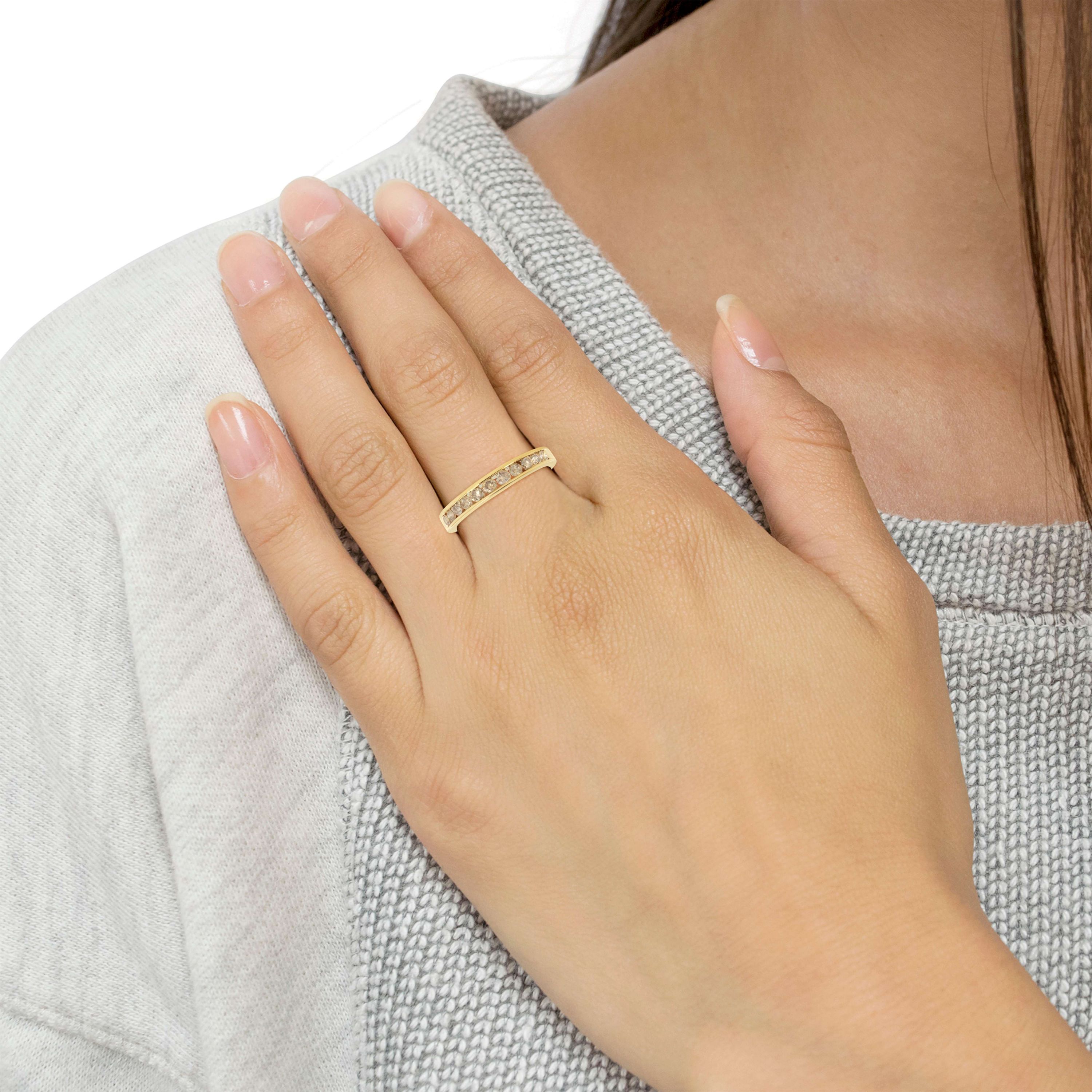 14K Yellow Gold Plated Silver 1/2 Cttw Champagne Diamond 11 Stone Band Ring