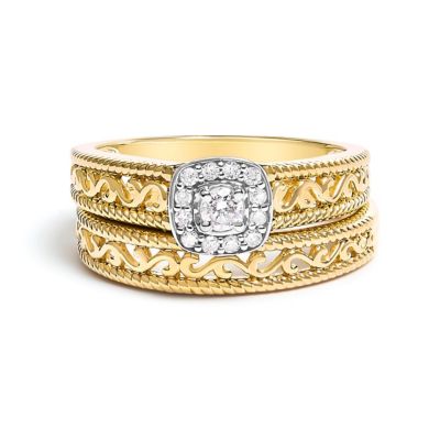 Haus of Brilliance 14K Yellow Gold Plated Silver 1/5 Cttw Diamond Halo and Milgrain Bridal Ring Set, 6