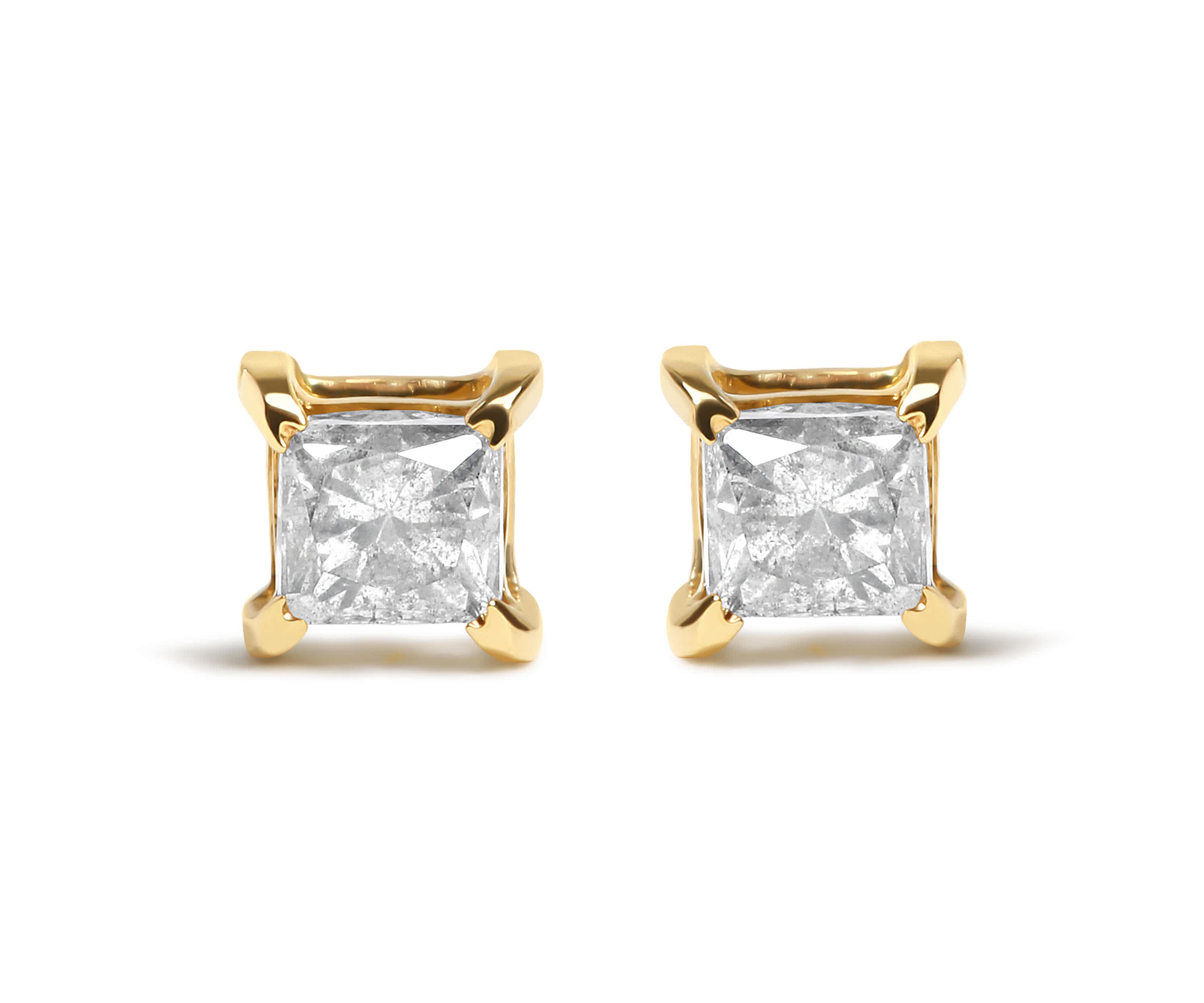 10K Yellow Plated Silver 5/8 Cttw Princess Cut Diamond Soltaire Stud Earrings