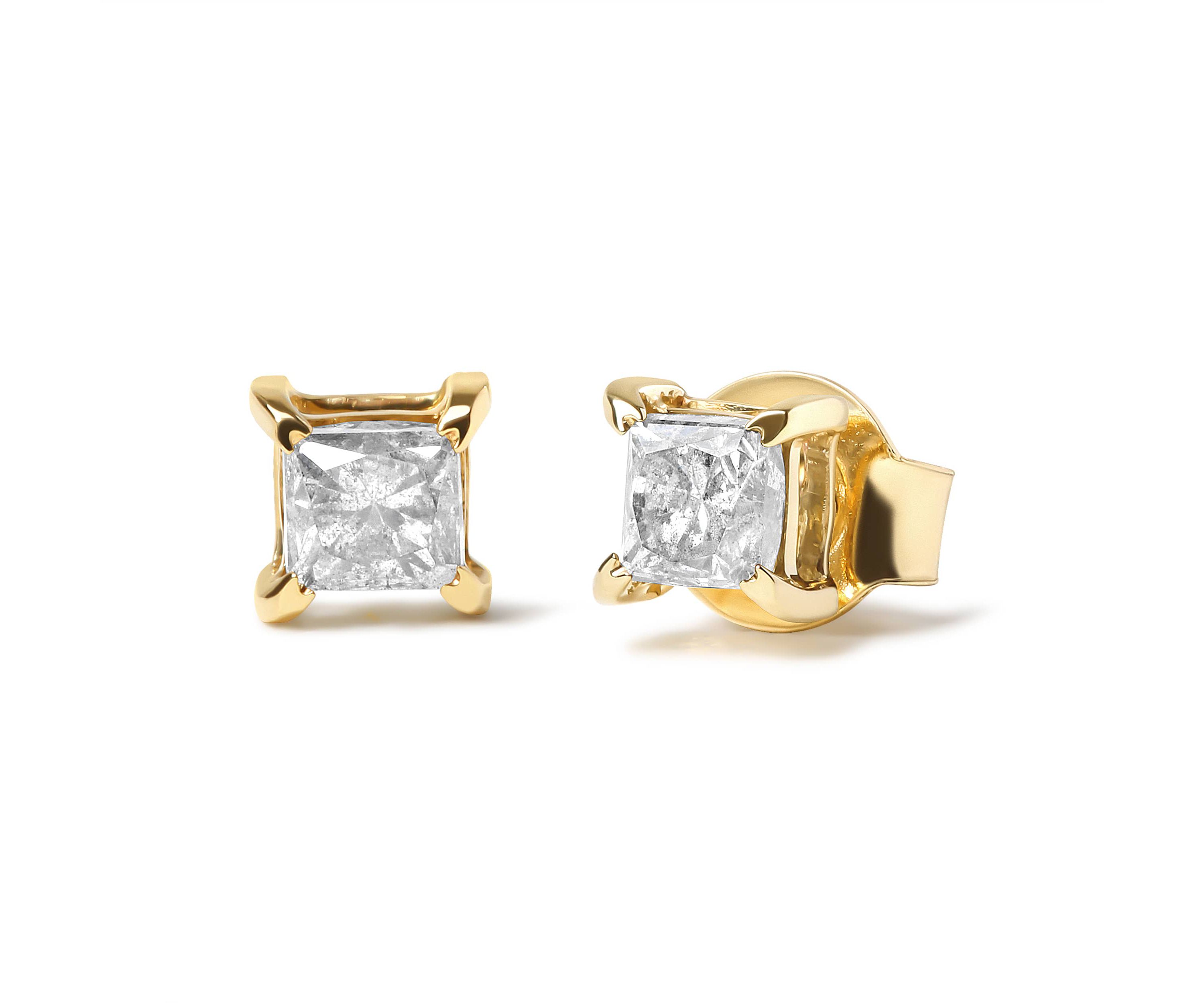 10K Yellow Plated Silver 5/8 Cttw Princess Cut Diamond Soltaire Stud Earrings