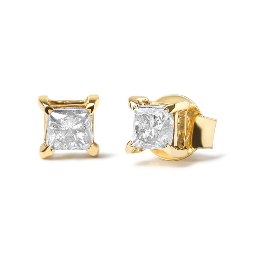 10K Yellow Plated Silver 5/8 Cttw Princess Cut Diamond Soltaire Stud Earrings