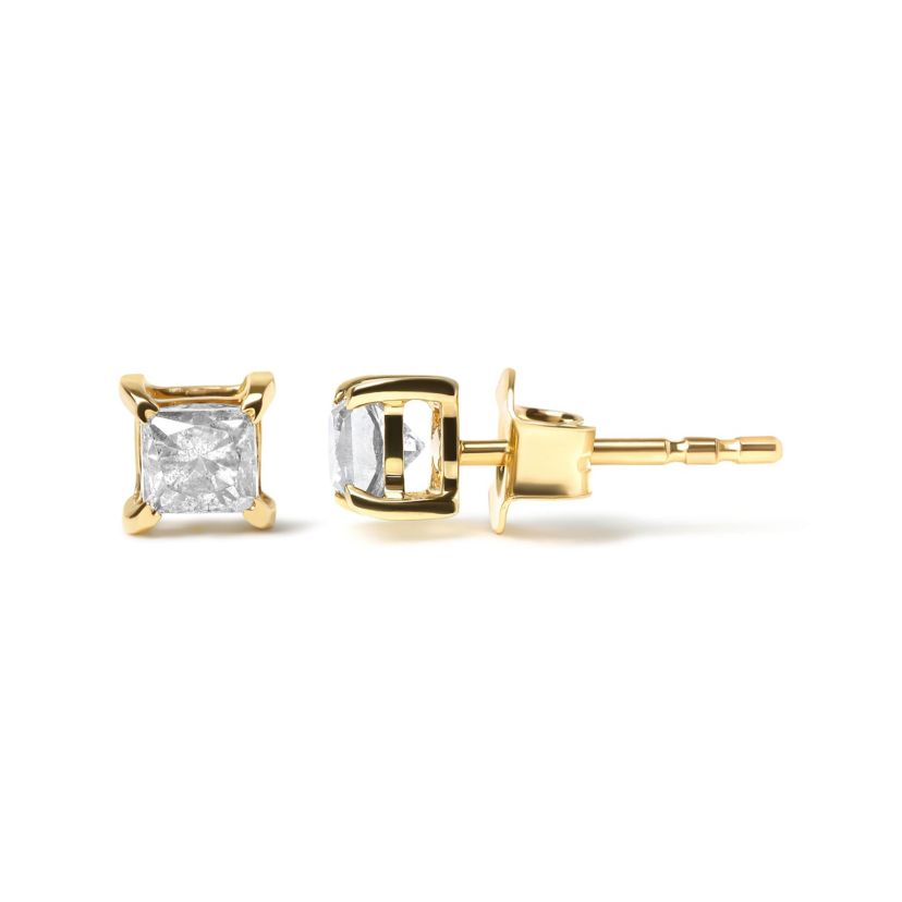 10K Yellow Plated Silver 5/8 Cttw Princess Cut Diamond Soltaire Stud Earrings