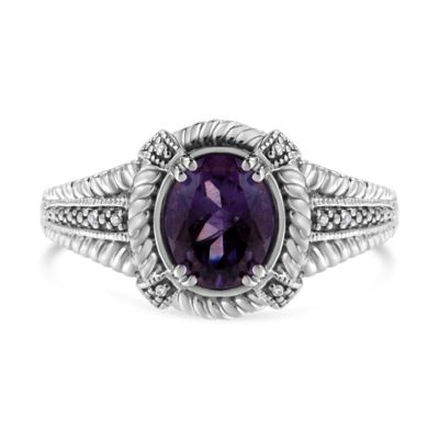 Haus of Brilliance Silver Natural Oval Shape Purple Amethyst Solitaire and Diamond Accent Ring