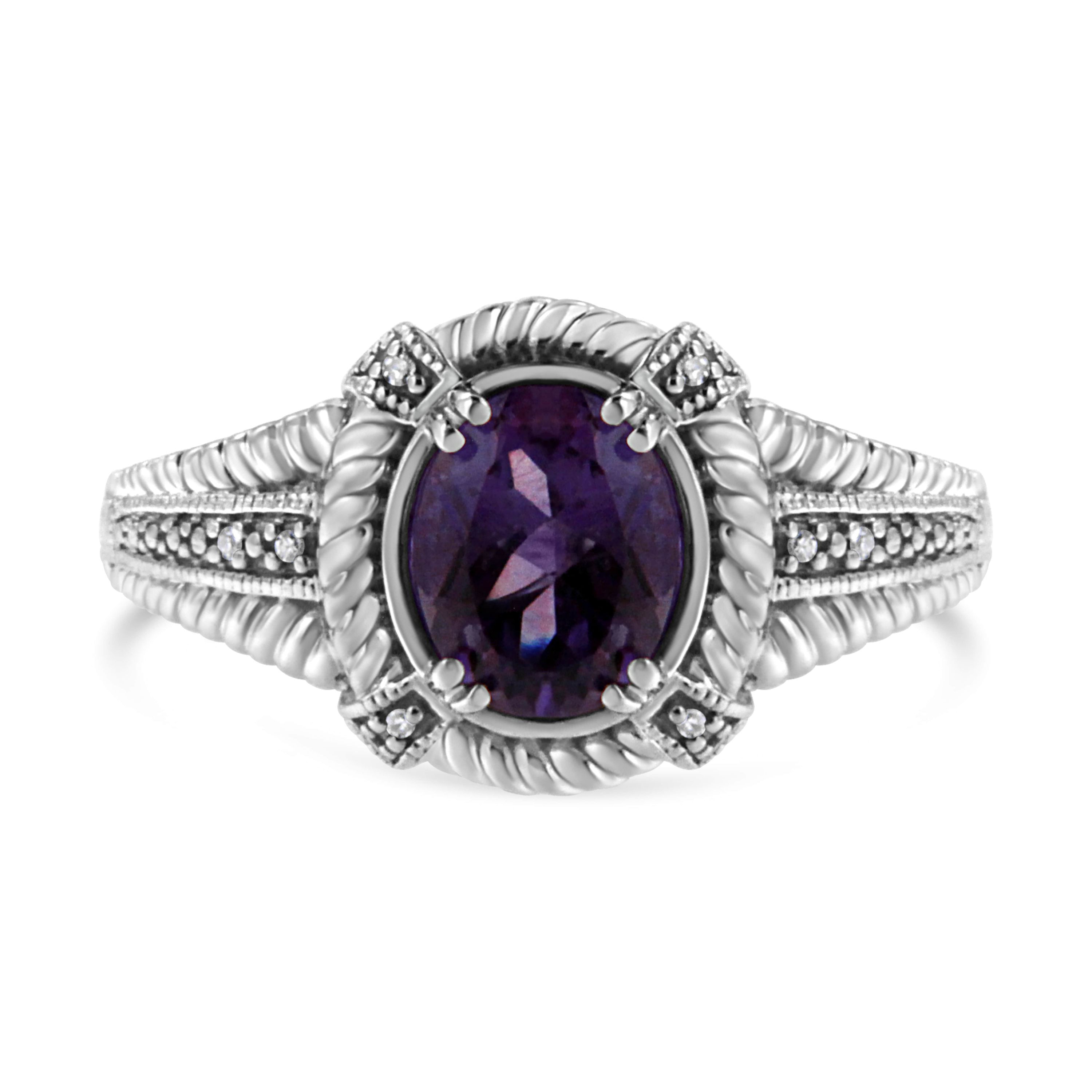 Silver Natural Oval Shape Purple Amethyst Solitaire and Diamond Accent Ring