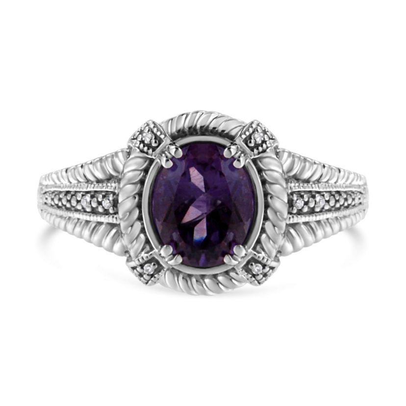 Silver Natural Oval Shape Purple Amethyst Solitaire and Diamond Accent Ring