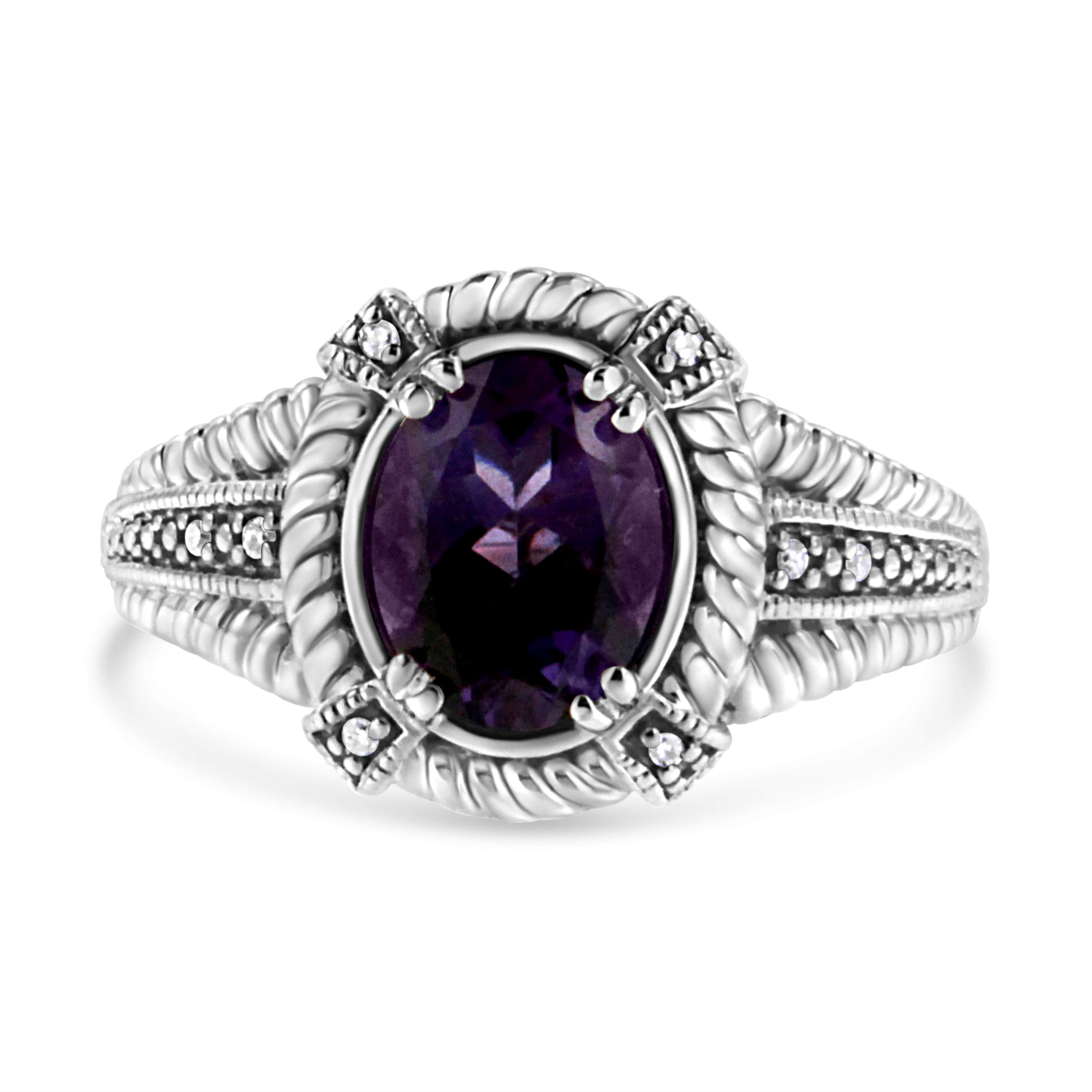 Silver Natural Oval Shape Purple Amethyst Solitaire and Diamond Accent Ring