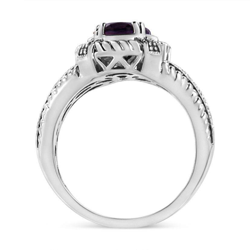 Silver Natural Oval Shape Purple Amethyst Solitaire and Diamond Accent Ring