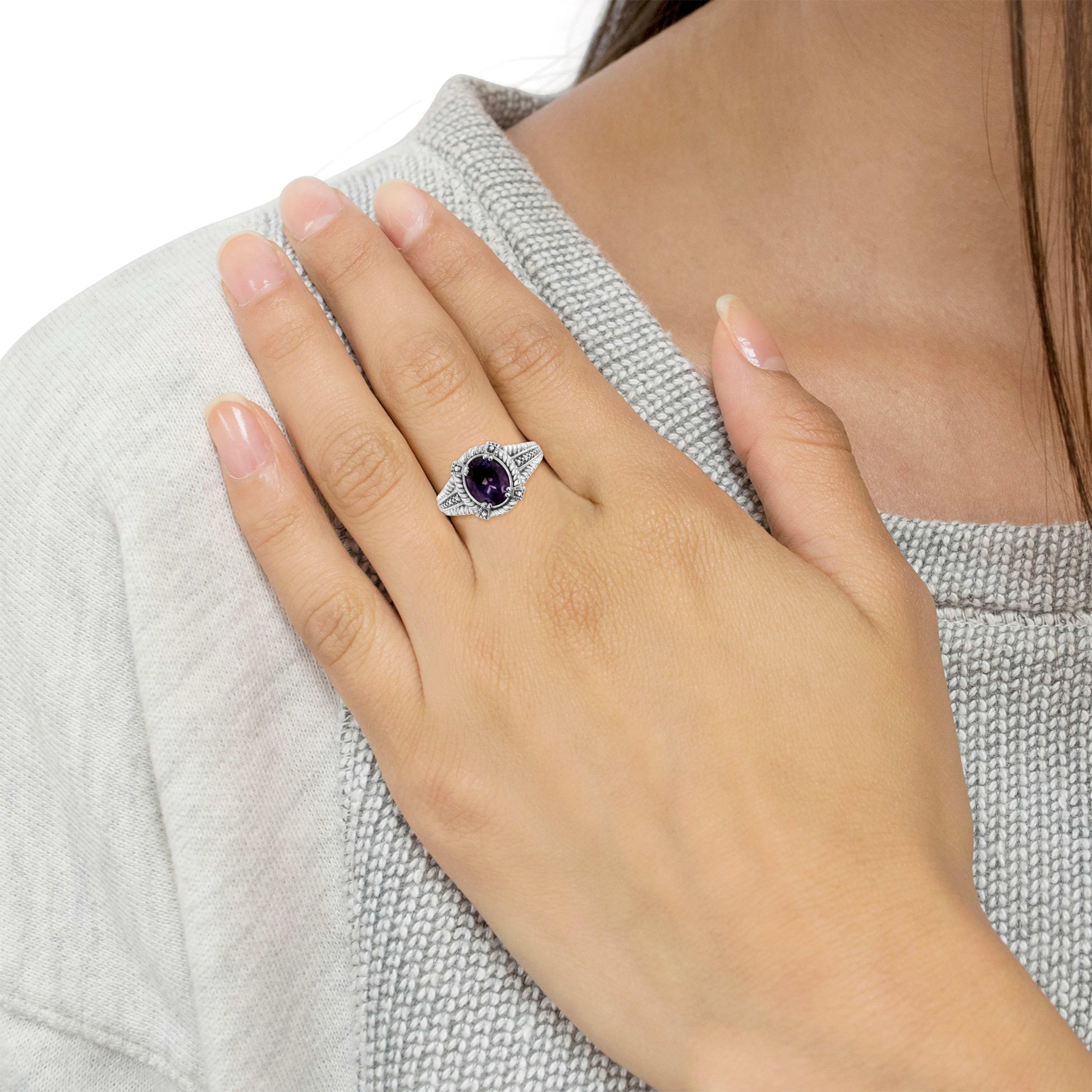 Silver Natural Oval Shape Purple Amethyst Solitaire and Diamond Accent Ring