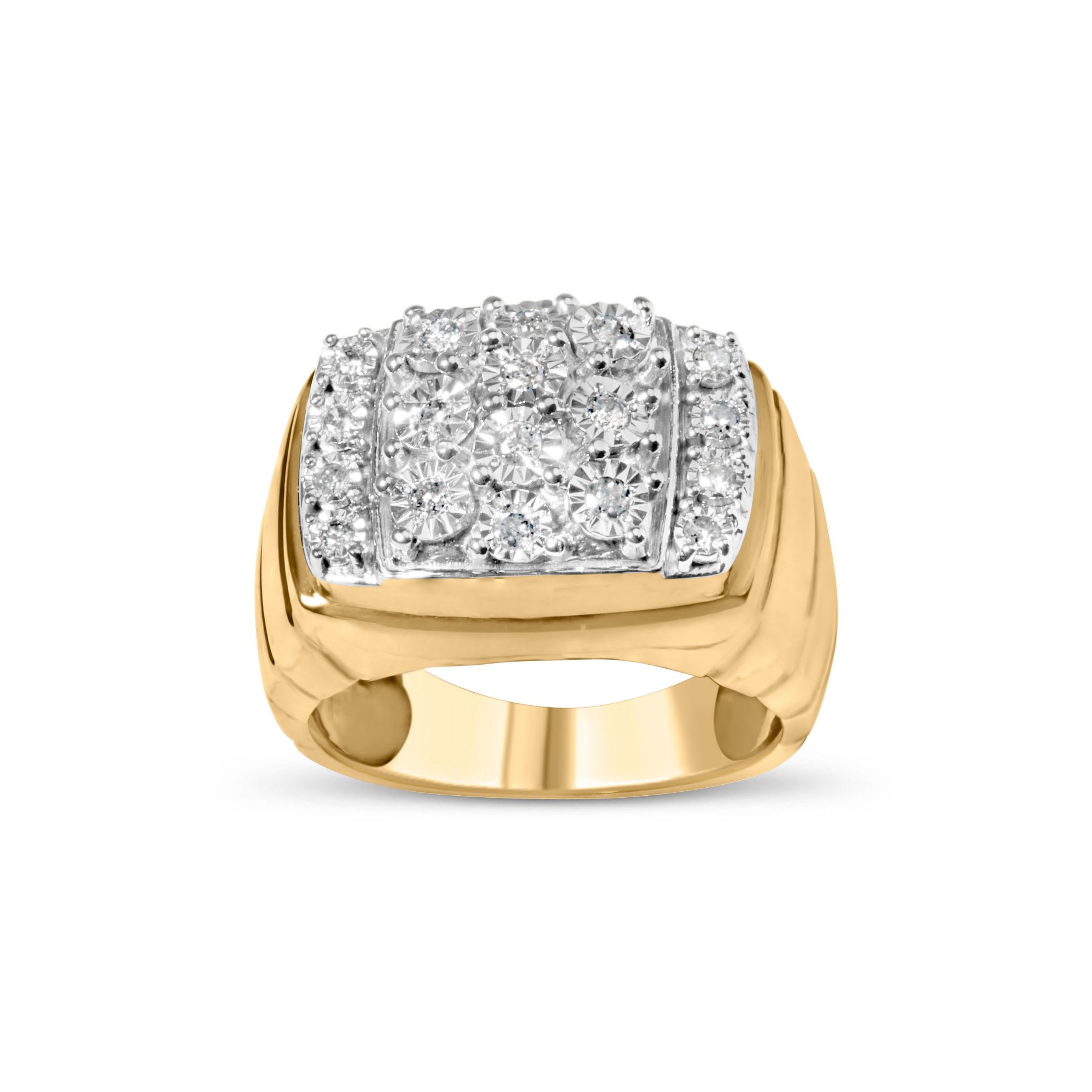 14K Yellow Gold Plated Silver 3/8 Cttw Diamond Mens Cluster Cocktail Ring