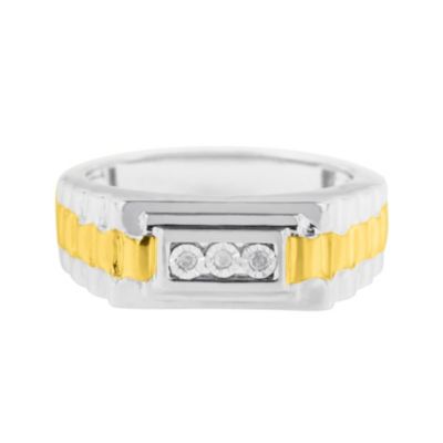 Haus of Brilliance Men's 10K Yellow Gold Plated Silver Diamond Accent 3 Stone Ridged Band Ring, 9