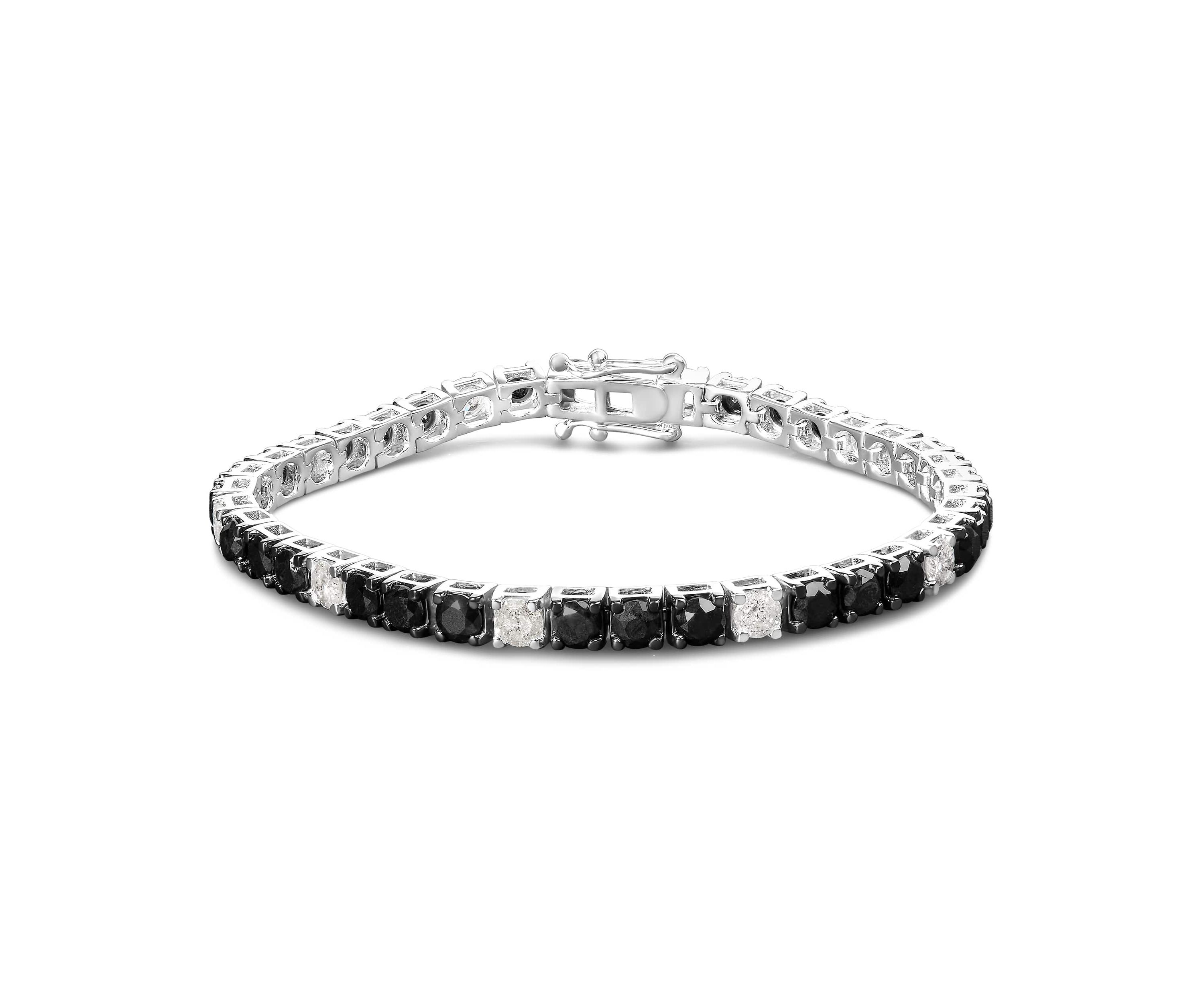 .925 Sterling Silver 8.0 Cttw Black and White Diamond Tennis Bracelet