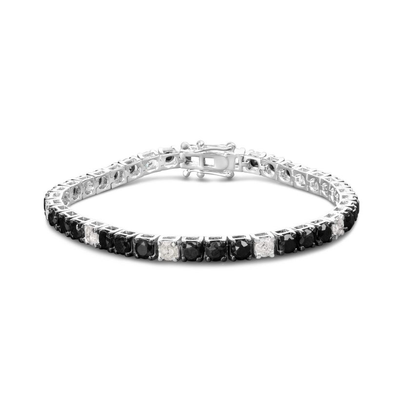 .925 Sterling Silver 8.0 Cttw Black and White Diamond Tennis Bracelet