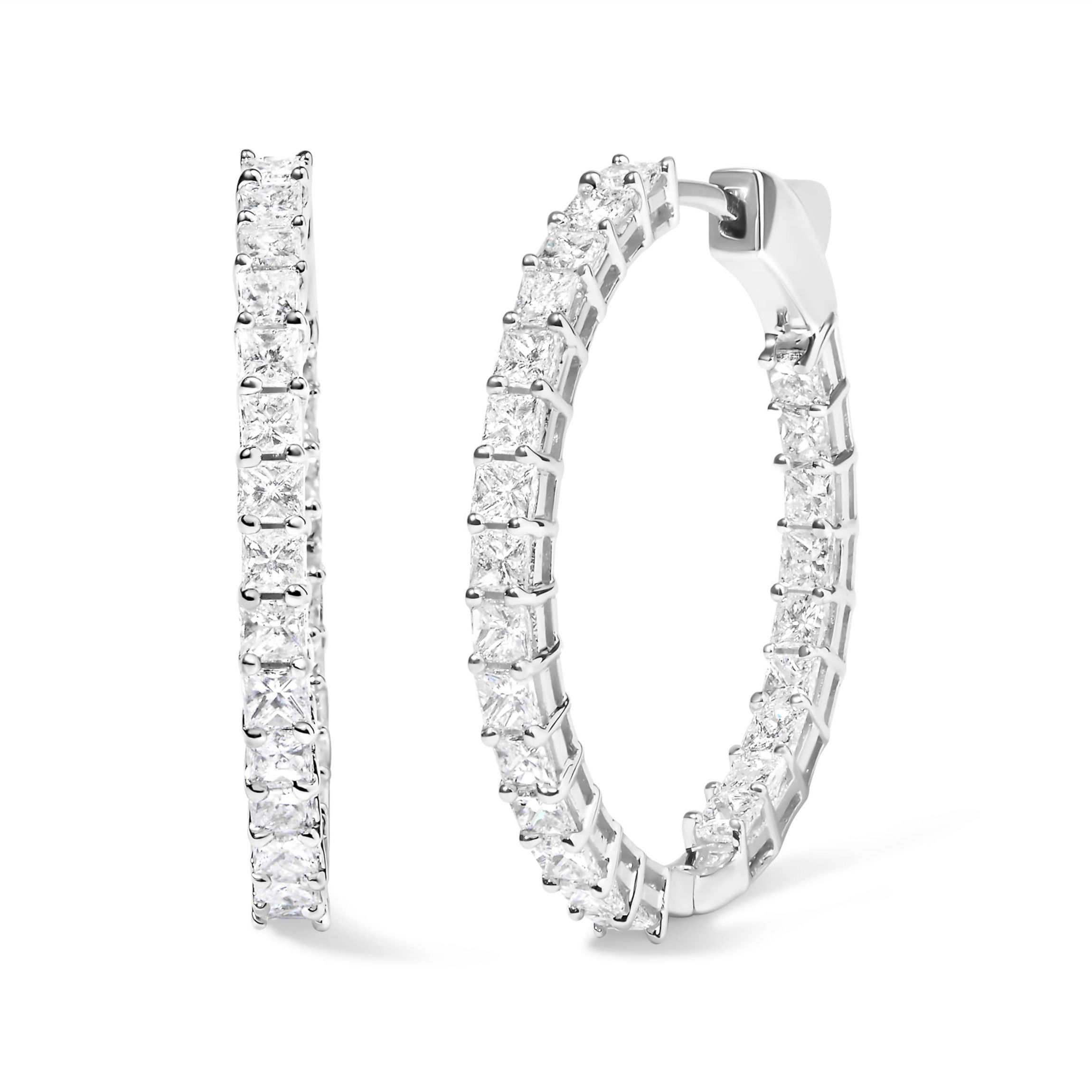 14K White Gold 3.0 Cttw Princess Cut Diamond Inside Out Hoop Earrings - 28 MM