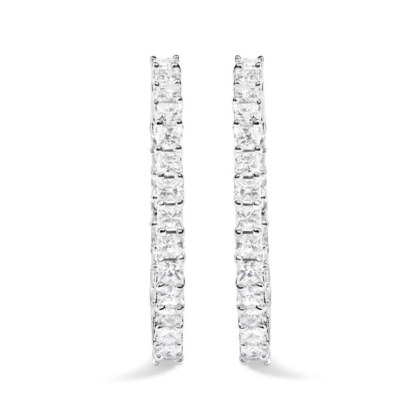 14K White Gold 3.0 Cttw Princess Cut Diamond Inside Out Hoop Earrings - 28 MM