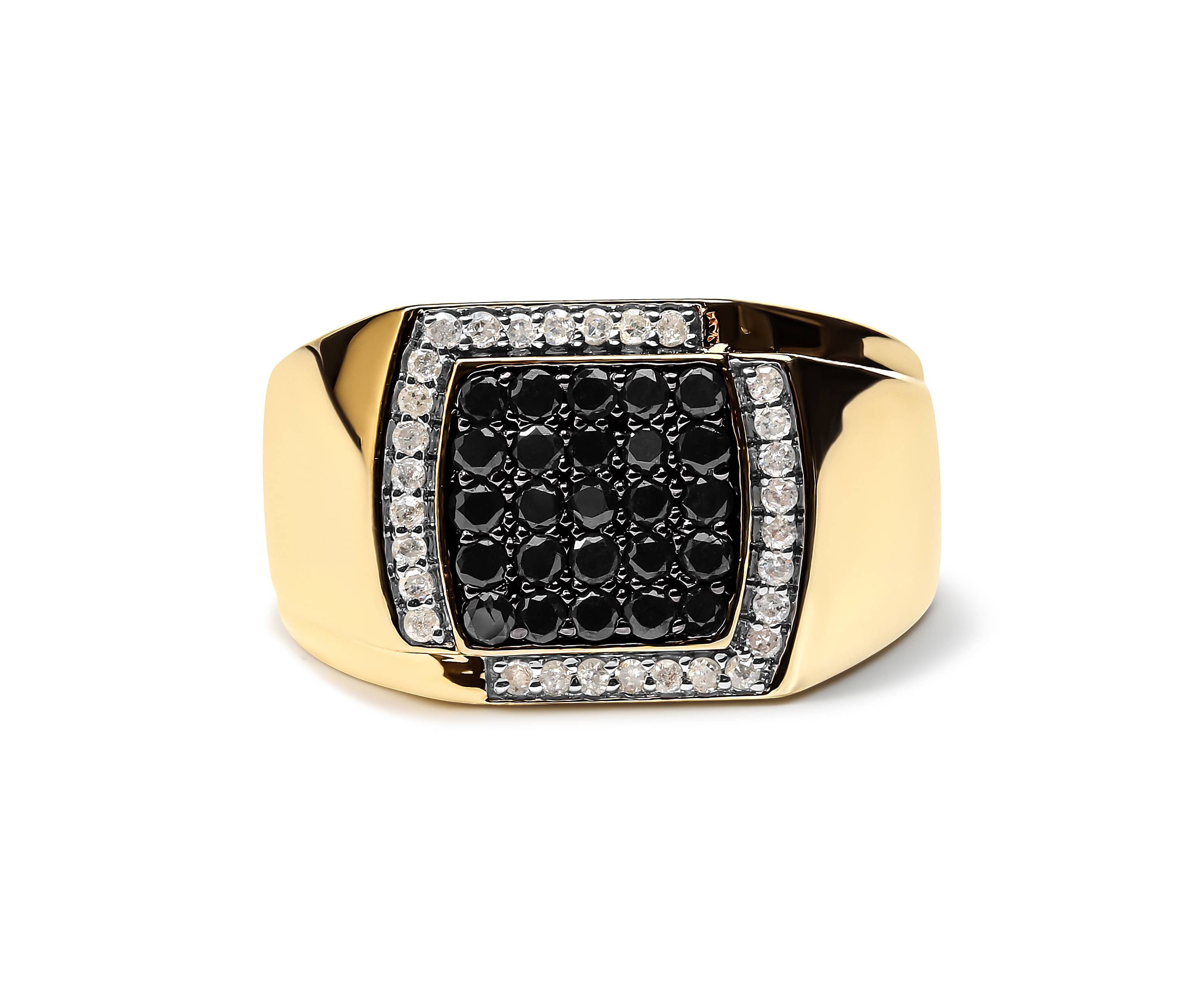 Mens 10K Yellow Gold 1.00 Cttw Cluster Black and White Diamond Statement Ring