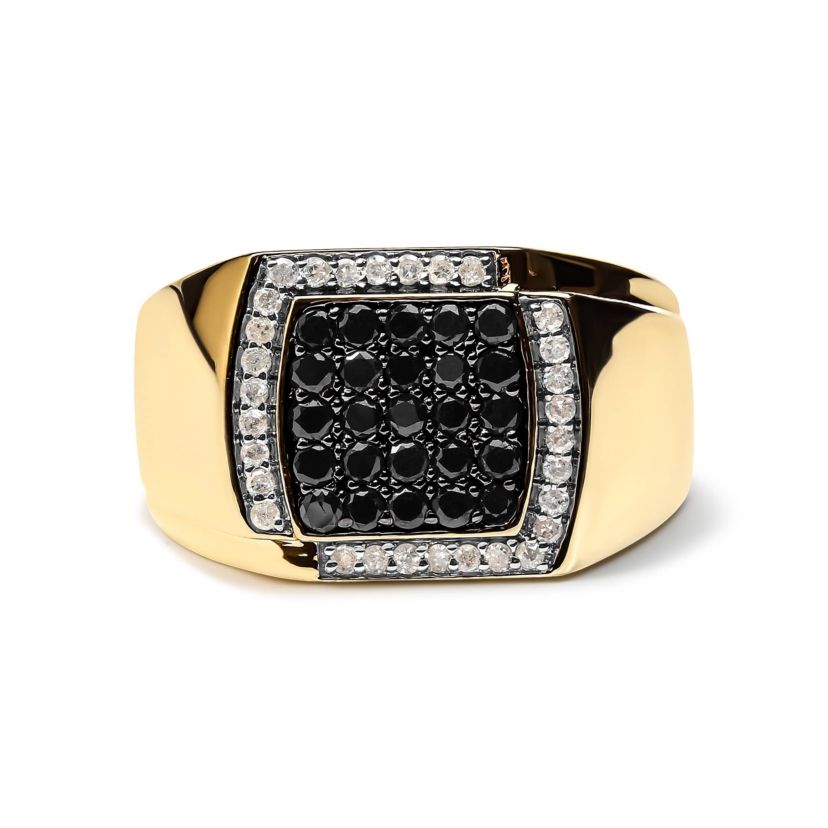Mens 10K Yellow Gold 1.00 Cttw Cluster Black and White Diamond Statement Ring