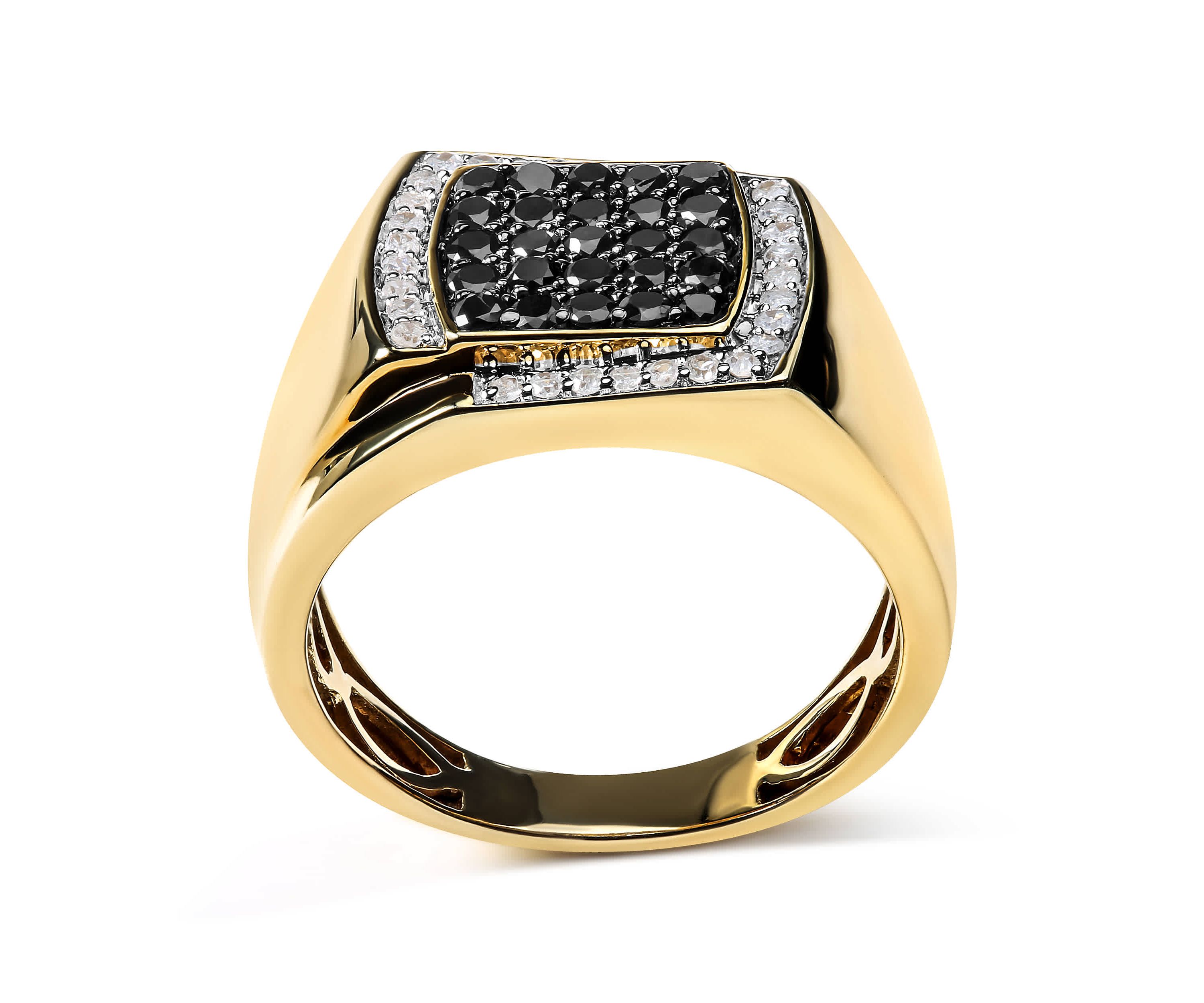 Mens 10K Yellow Gold 1.00 Cttw Cluster Black and White Diamond Statement Ring