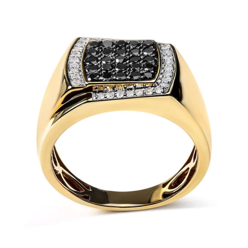 Mens 10K Yellow Gold 1.00 Cttw Cluster Black and White Diamond Statement Ring